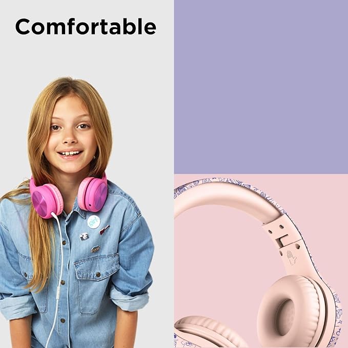 LilGadgets Connect+ Pro Wired Kids Headphones for School with Microphone, Volume Limiting Over-Ear Headset with Cord, SharePort Technology & SoftTouch Padding, Girl Power