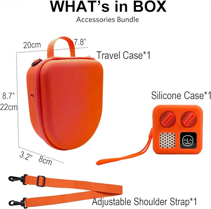 Silicone Cover and Travel Case Compatible with Yoto Mini with Headphones, Hard Carrying Case with Shoulder Strap and Adventure Jacket Accessories Set for Yoto Mini, Orange
