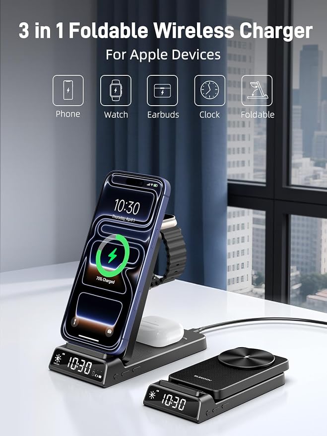 3 in 1 Charging Station for Apple, ELECDOV Magnetic Charger for iPhone, Foldable Wireless Charger with Clock, Travel Watch Charger Stand for iPhone 17/Air/16/15 Series, iWatch 10/AirPods 4