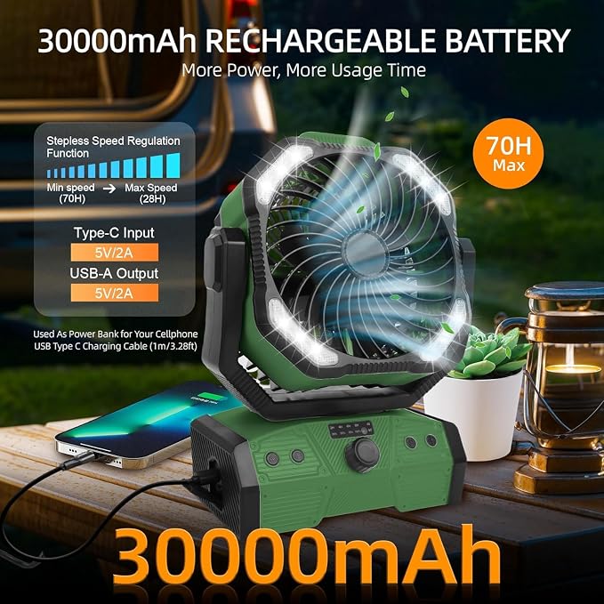 ELZO 30000mAh Camping Fan with LED Light, Max 70H Working, Cordless Portable Rechargeable Desk Tent USB Fan with Remote Hook, Head Rotation, Stepless Speed, for Home Outdoor Office Travel Fishing