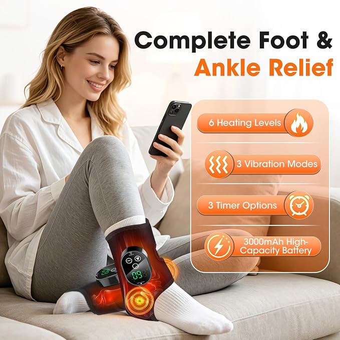 2 Pack Cordless Ankle Heating Pad & Foot Massager, Heated Ankle Wrap Brace with 6 Heat Levels & 3 Vibration Modes, Rechargeable Foot Warmer & Ankle Massager, Adjustable & Portable