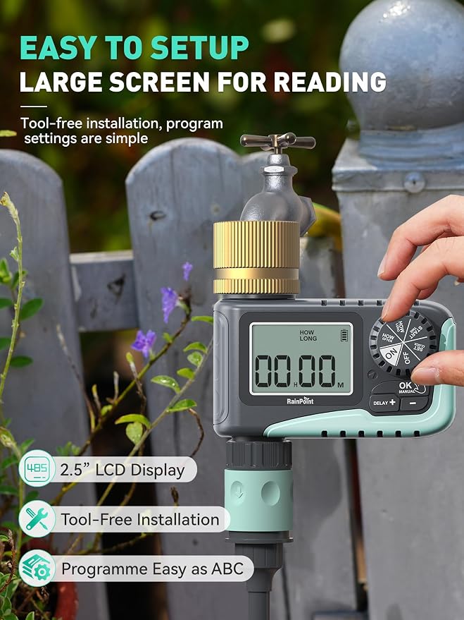 RAINPOINT 2-Pack Sprinkler Timer with Brass Swivel for Garden Hose, Programmable Hose Timer with Rain Delay/Manual Watering, Digital Irrigation System for Lawns, 1 Outlet