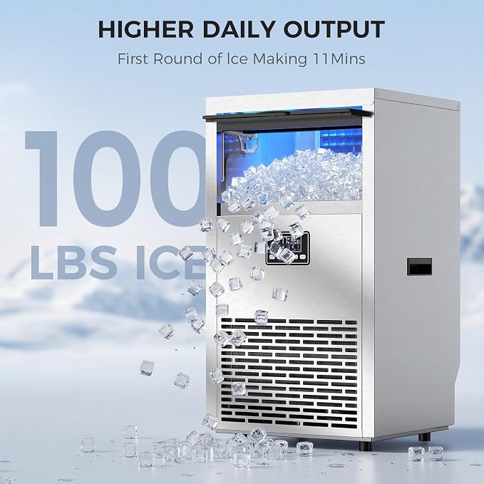 Electactic Commercial Ice Maker Machine,100lbs/24H Stainless Steel Ice Machine,29lbs Storage, Auto Self-Cleaning Freestanding Ice Maker, Ice Machine Freestanding for Bar/Cafe/Restaurant-Brushed Silver