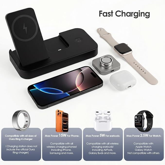4 in 1 Charger for Oura Ring Gen 4 & Gen 5 (Oura Charger NOT Included), Fast Magnetic Wireless Charging Station for iPhone, Apple Watch, AirPods, Samsung Galaxy
