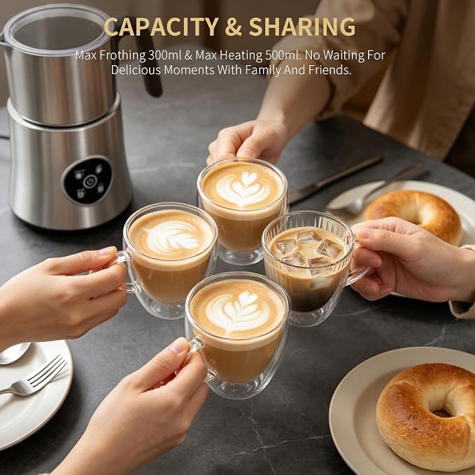 Milk Frother and Steamer, Automatic Hot and Cold Foam Maker with Detachable Stainless Steel Jug, 4-in-1 Electric Frother for Latte, Cappuccinos, Macchiato, and Hot Chocolate