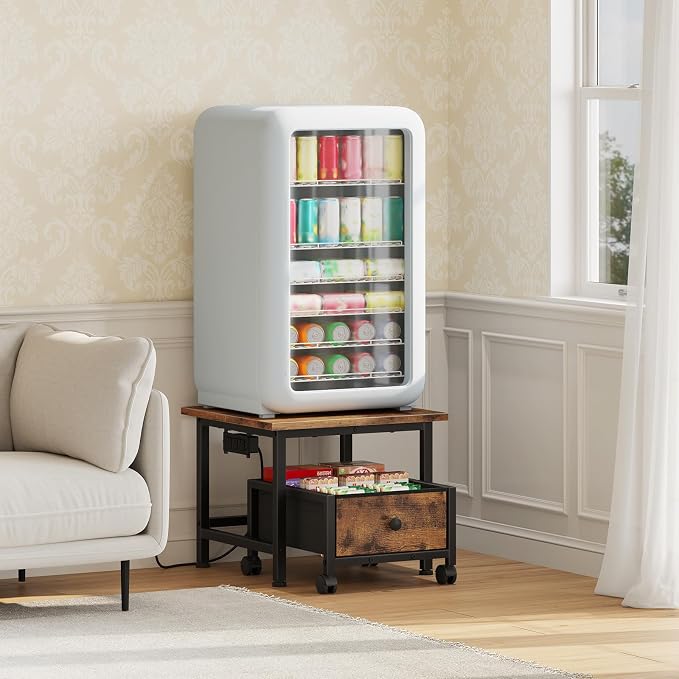 HOOBRO Mini Fridge Stand with Non-Woven Storage Basket and Power Outlet, Mini Fridge Cabinet with Wheels and Adjustable Feet, Mobile Fridge Shelf, for Home, Apartment, Dorm, Rustic Brown FB355UBX01
