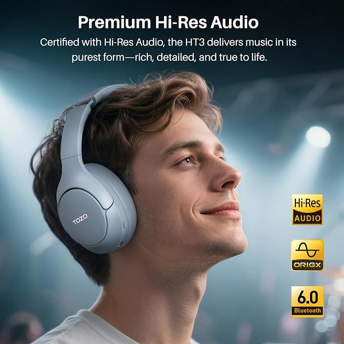 TOZO HT3 Hybrid Noise Cancelling Headphones, 90H Battery Life Wireless Over Ear Bluetooth 6.0 Foldable Headset, AI Voice Assistant with 5 Mics, Connect 2 Devices and Hi-Res Sound, 32 EQ Audio Presets