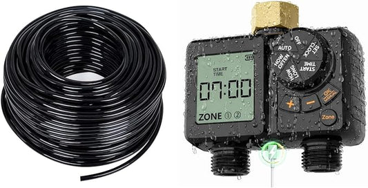 MIXC 200FT 1/4 Inch Black Distribution Tubing + MIXC Rechargeable 2-Zone Water Timer