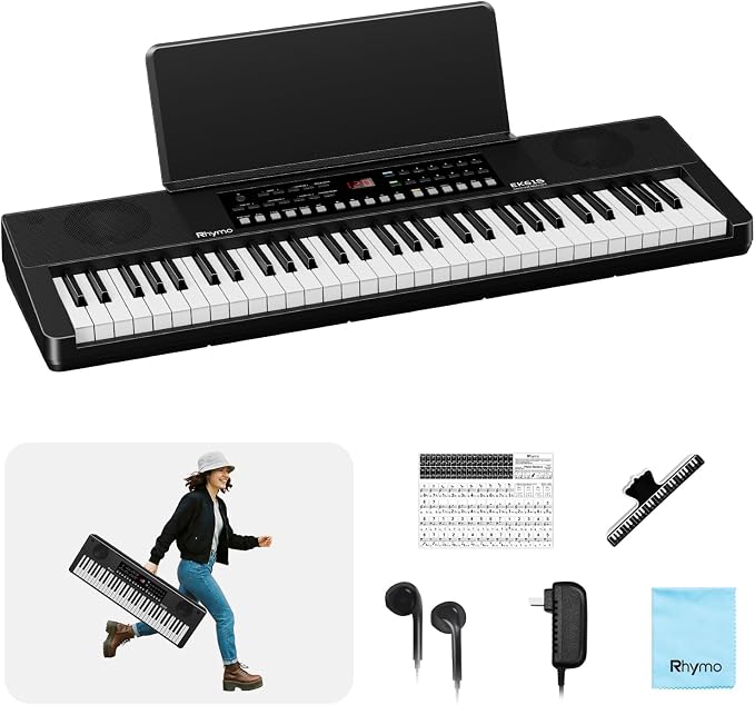 Rhymo 61 Key Keyboard Piano, Electric Piano Keyboard with Touch Response, LED display, Music Stand, 300 Voices, 300 Rhythms, Learning Keyboard Piano for Beginners, Built-in Speakers (Black)