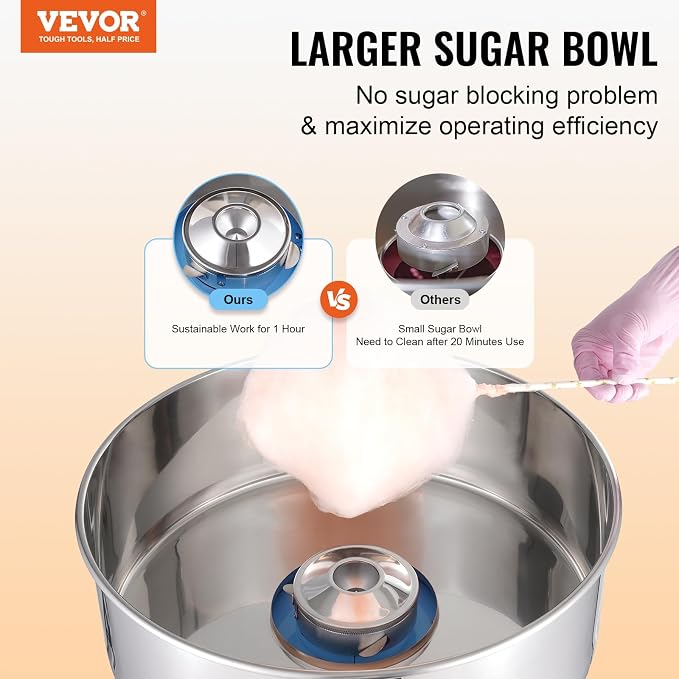 VEVOR Cotton Candy Machine Commercial, 1000W Electric Floss Maker with Stainless Steel Bowl, Sugar Scoop, Storage Drawer, Perfect for Home, Carnival, Kids Birthday, Family Party, Blue