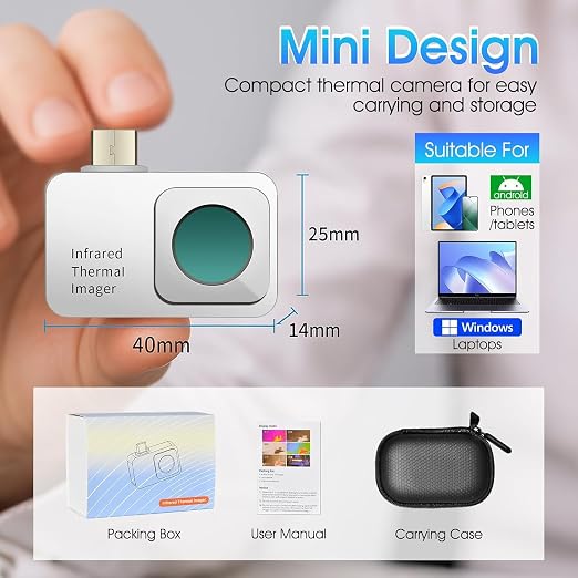 Mini Thermal Camera for Android, 256 x 192 IR Resolution Thermal Imager 25Hz Rate -15℃ to 600℃ Temp Range Optimized Temperature Accuracy, Works for Smartphones and Tablets (not for iOS)