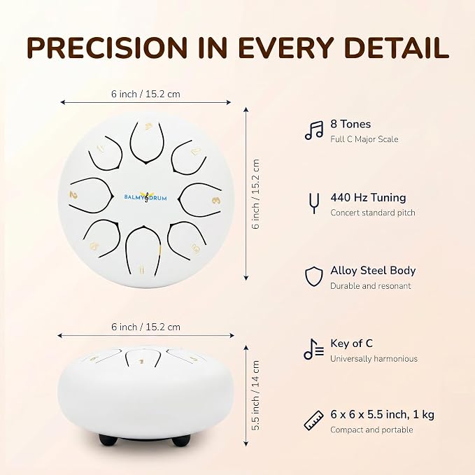 Balmy Drum Steel Tongue Drum 6 inch 8 Notes 440Hz, Handpan Drum with Music Book, Mallets, Carry Bag, Finger Picks, Rain Drum for Outdoor, Meditation Yoga Calming Instruments for Adults Kids (White)