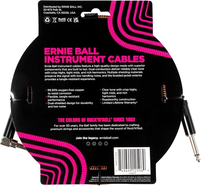 Ernie Ball Braided Instrument Cable Straight/Angle 10ft - Pumpkin Pie