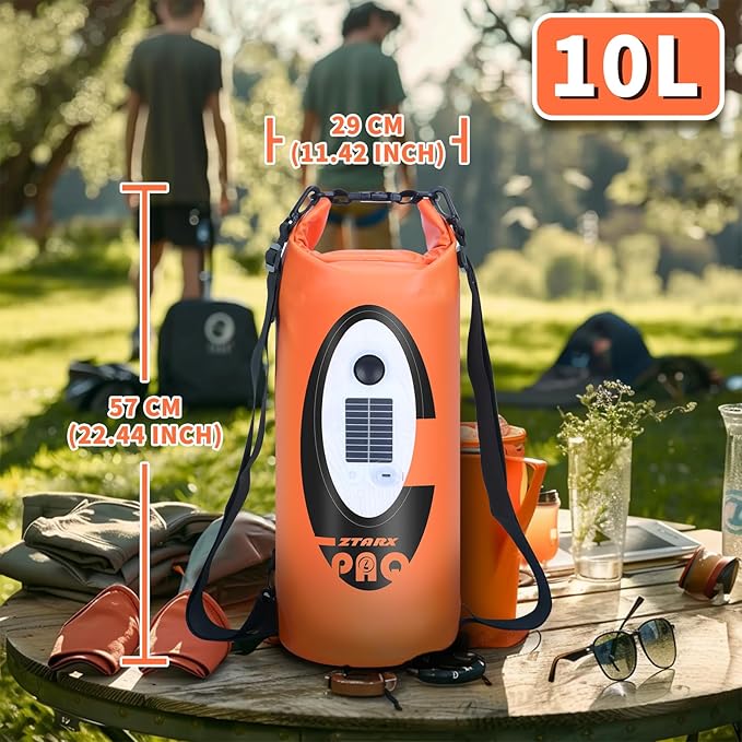FELICON Waterproof Dry Bag Backpack with Bluetooth Speaker, 10L Roll Top Floating Sack, Solar & USB-C Powered Emergency Charger, RGB Light, Heavy Duty PVC for Kayaking Camping, Orange