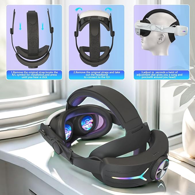 Head Strap for Meta Quest 3/3s Accessories Upgraded RGB Lighted with Battery 12000mAh, Quick Charge for Extended Playtime, to Reduce Facial Stress, Adjustable Elite Strap, (Black-1)