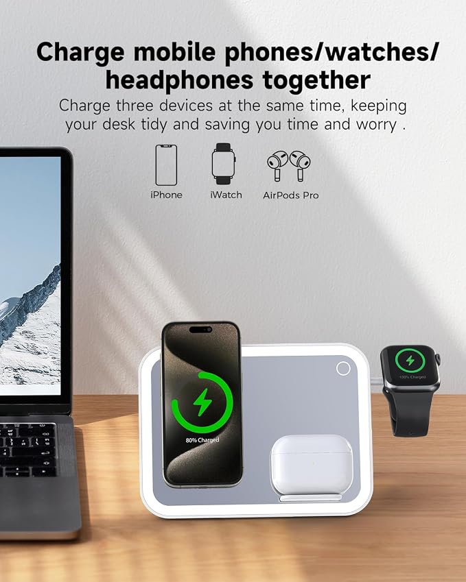 3 in 1 Wireless Charging Station for Apple Magnetic Charger Station for iPhone 16/15/14/13/12 & Apple Watch& Airpods (White)