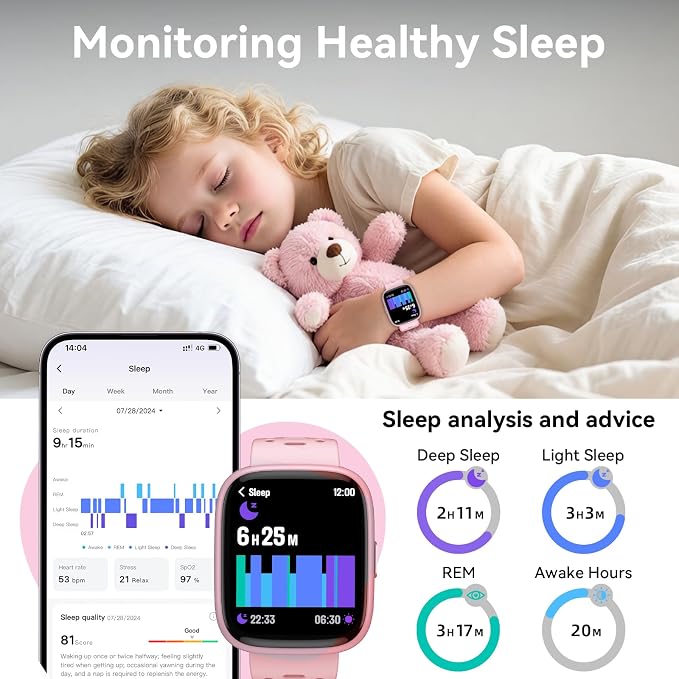 Smart Watch for Kids with Find My, 1.83" Fitness Tracker Watch No APP No Phone Needed, Pedometer, Heart Rate, Sleep Monitor, IP68, Puzzle Games for Girls Boys Teens 5-16, Gift, Pink