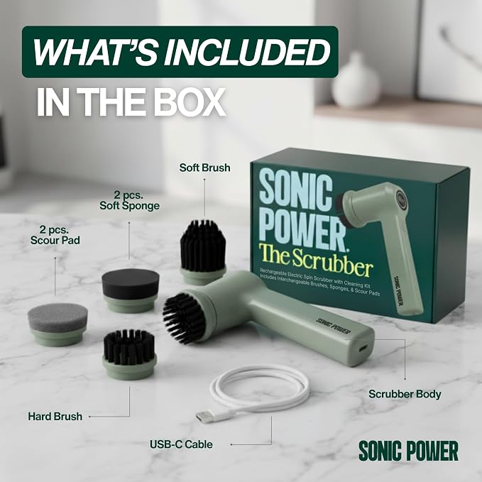 SonicPower Electric Spin Scrubber – Handheld & Ergonomic, IPX7 Waterproof, 4 Multi-Purpose Brush Heads, Long-Lasting Rechargeable Battery – Cleans Dishes, Bathroom, Tile, Grout & Kitchen (Sage)