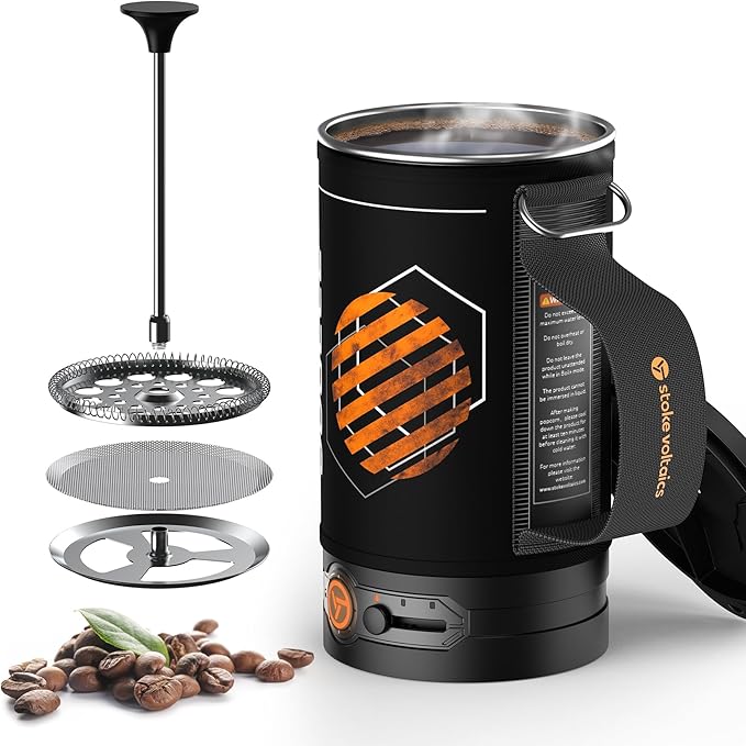 Stoke Voltaics Electric French Press Coffee Maker, 120V Boil Water & Press Coffee 2-in-1, Portable Design for Camping, Travel, 6 Minute Brew Ready