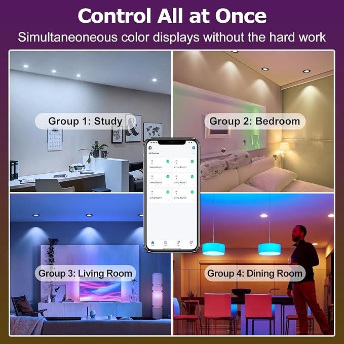 LightingWill 2 Inch Recessed Lighting, Smart WiFi LED Downlight, 5W LED Ceiling Light Compatible with Alexa/Google Assistant, Dimmable RGB & 2700K-6500K, 120V with Driver, Black Trim (4 Pack)