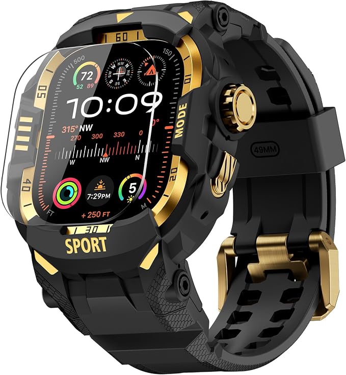 DABAOZA Rugged Case with Band Screen Protector Compatible with Apple Watch 49mm, for iWatch Ultra 3/2/1,Military Grade Shockproof Bumper and Men's Tactical Heavy Duty Strap(Black/Gold,49MM)