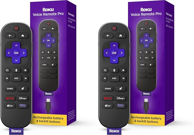 Roku Voice Remote Pro (2nd Ed.) | Rechargeable TV Remote Control with Hands-free Voice Controls, Backlit Buttons, & Lost Remote Finder - Replacement Remote Compatible with All Roku TV, Players & Audio