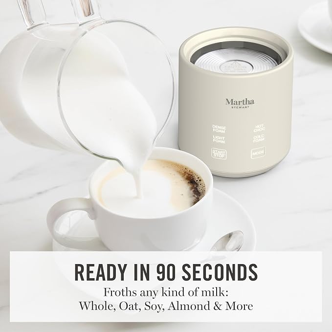 Martha Stewart Milk Frother and Steamer, 10oz/300ml Glass Cup, 4 Presets (Cold Foam, Light, Dense & Hot Chocolate), Ready in 90 Seconds, Cordless Pouring, One-Touch for Hot and Cold Milk, Linen Cream