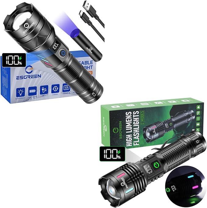Esgreen 2 Pack Rechargeable Flashlights High Lumens, Long Range Super Bright LED Flashlight USB C, High Powerd Heavy Duty Strong Flash Light High Beam, for Emergency Security Camping