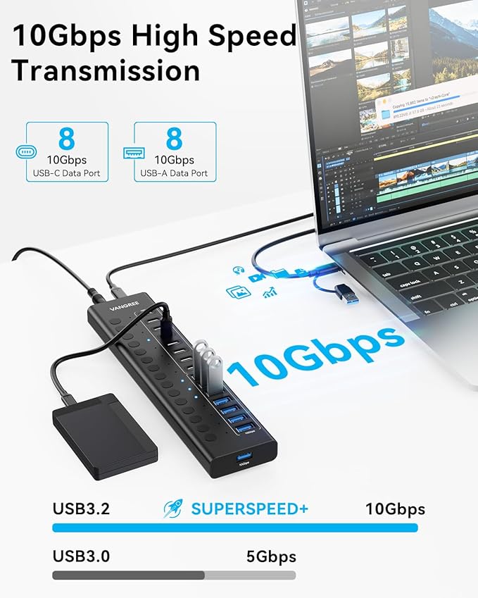 Powered USB Hub 3.2 Gen 2, VANGREE 16 Ports USB Hub (8 USB-A 3.2+8 USB-C 3.2), 10Gbps Aluminum Multiport Expansion Hub with 96W Power Adapter for PC Laptop HDD SSD Flash Drive