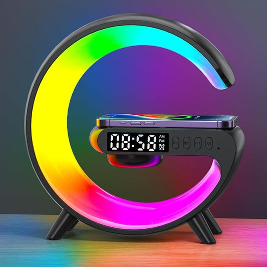 LeeNabao 2025 New Wireless Speaker Charger,Atmosphere Bedside Light with Wireless Charging Station,Music Lit Lamp 4 in 1 Alarm Clock Idea for Family (Black)