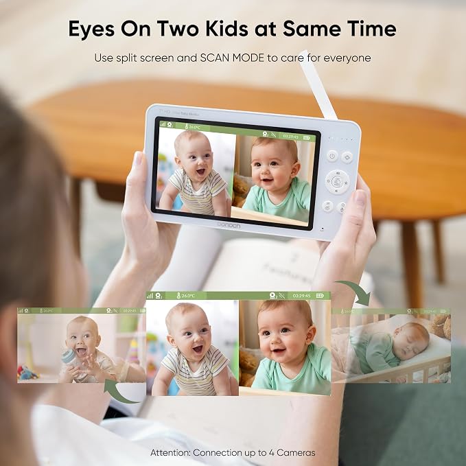 bonoch V2.0 1080P Baby Monitor with 2 Cameras, 7" MegaView Split Screen Baby Monitor No WiFi, 2026 Upgraded Sleep/Crying/Motion Detection, Dual Video Monitor with Camera and Audio, White Noise