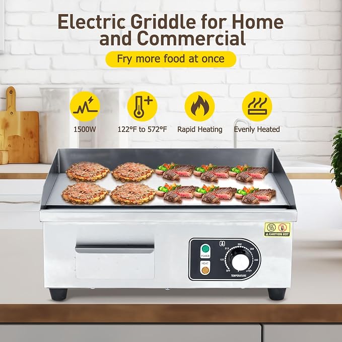Takywep 14 inch Commercial Electric Griddle, 1500W Countertop Griddle, Non-Stick Restaurant 110V Teppanyaki Flat Top Grill Stainless Steel Adjustable Temperature Control 122°F-572°F (with PLUG)
