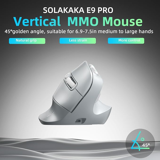 SOLAKAKA E9 PRO Ergonomic Vertical MMO Mouse with 8K Dongle, Gray-Silver | Ergonomic 45° Grip vertical,PAW3395 36000 DPI Sensor, Tri-Mode Wireless,10 Side Buttons,1000mAh Rechargeable,RGB
