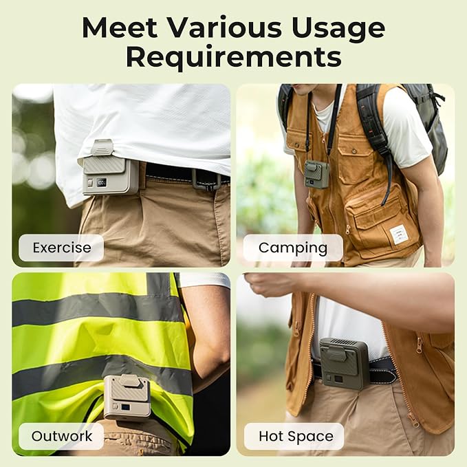 Portable Handheld Fan,Mini Bladeless Waist Clip Fan,3000mAh USB Rechargeable Battery Powered,100-Level Adjustable Cooling,LED Display,Ultra Quiet Personal Fans for Work,Travel & Camping (Olive Green)
