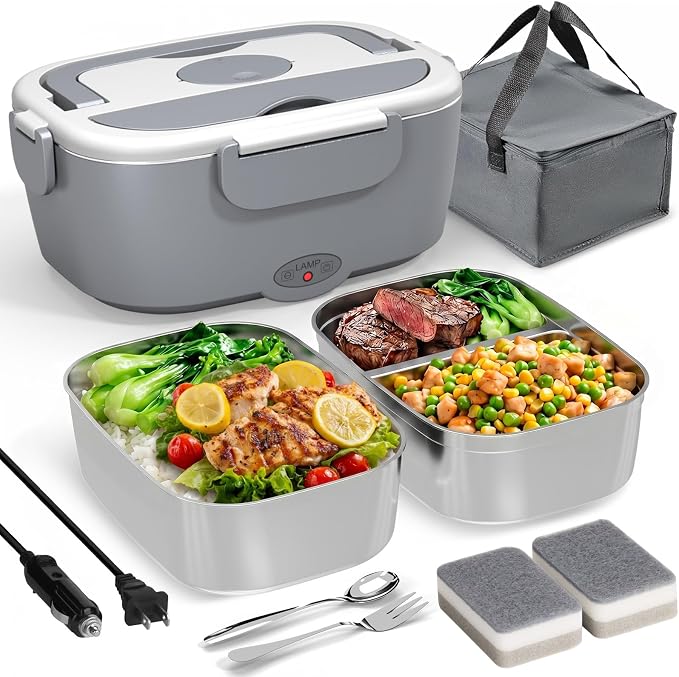 Sitlais Electric Lunch Box for Adults - Fast Heating Portable Food Warmer with 2 of 53oz 304 Stainless Steel Containers 12V/24V/110V Heated Lunch Box for Men&Women Work Office Truck Travel lonchera