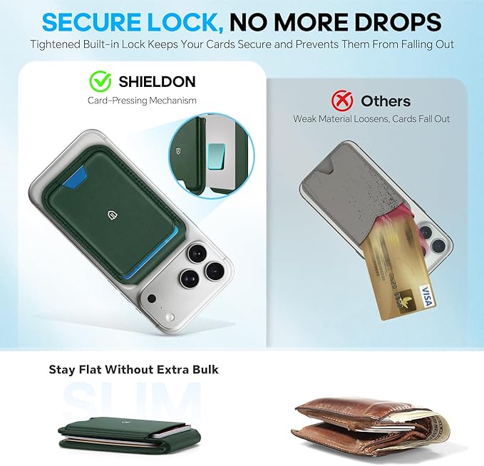 SHIELDON Strong Magnetic Wallet for Magsafe, Genuine Leather Adjustable Stand 6 Card Holders Quick Access ID Window, Mag Wallet Compatible with iPhone 17/16/15/14/13/12 Series Women Men - Evergreen