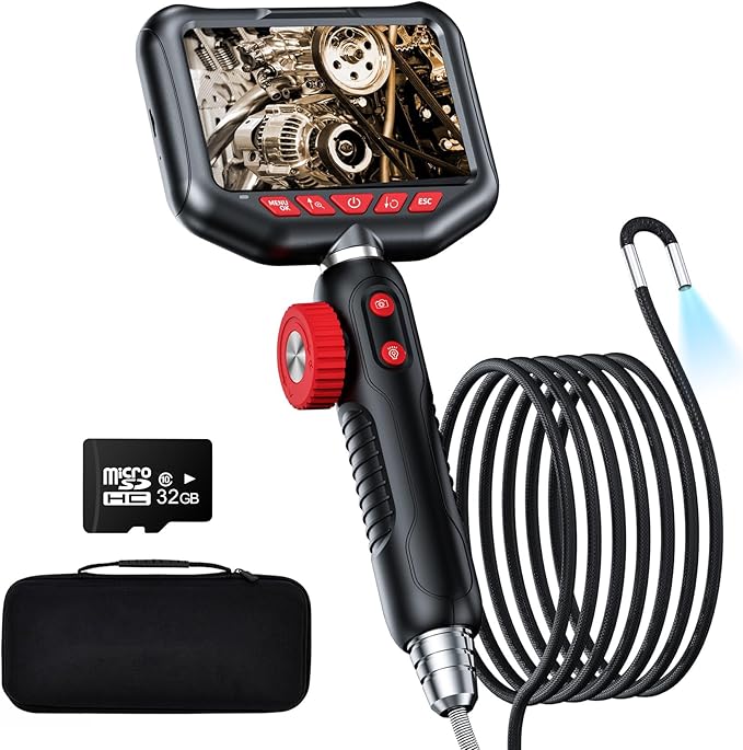 Two-Way Articulating Borescope Camera with Light,360°Rotation,1920P, 6.2 mm Industrial Endoscope IP67 Waterproof Flexible Semi-Rigid Cable for Automotive, Pipe Inspection