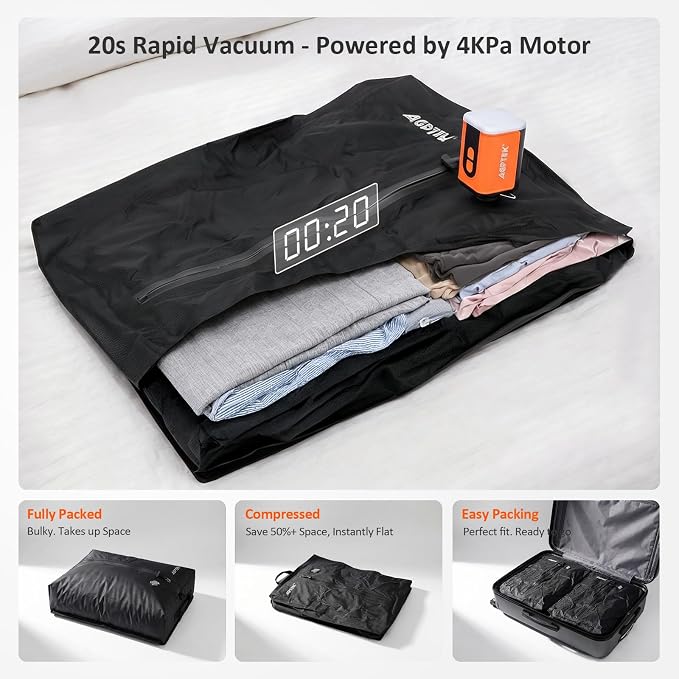 AGPTEK Travel Vacuum Bags with Mini Pump, IP67 Waterproof 2PCS Compression Bags for Carry on Luggage and Backpack, Electric Air Pump with 5 Nozzles & LED Light, Vacuum Seal Packing Cubes for Clothes