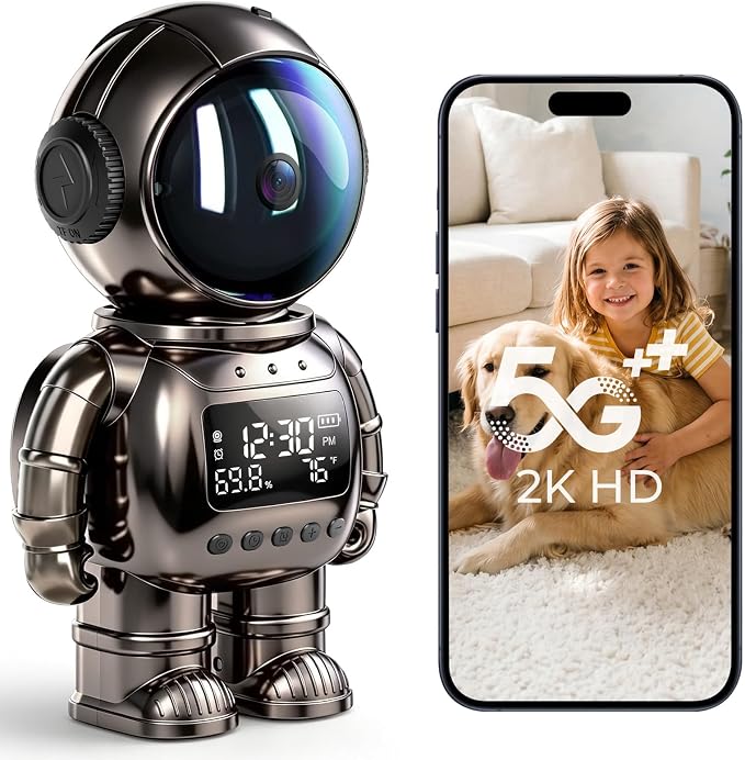 GBIUT Robot Alarm Clock Camera, 2K HD 5G/2.4Ghz WiFi Pet Robot Camera, Human Detection, Night Vision, Two-Way Talk & Motion Alert, Temp Humidity Display, Space Gift for Kids