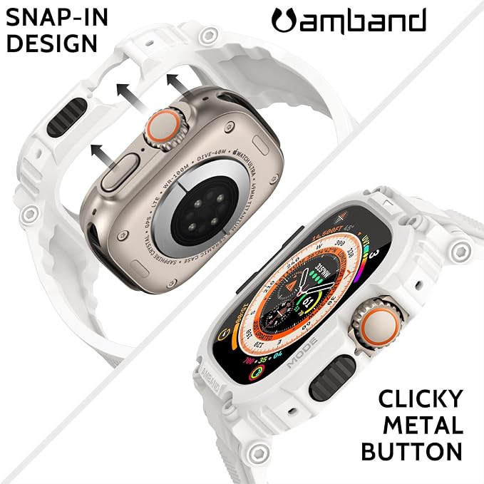 amBand Bands Case Screen Protector Compatible with Apple Watch Ultra 3/2/1 49mm, M1 Sport Series Rugged Cover Strap and 9H Tempered Glass Film, Protective Bumper for iWatch 49 mm Men White