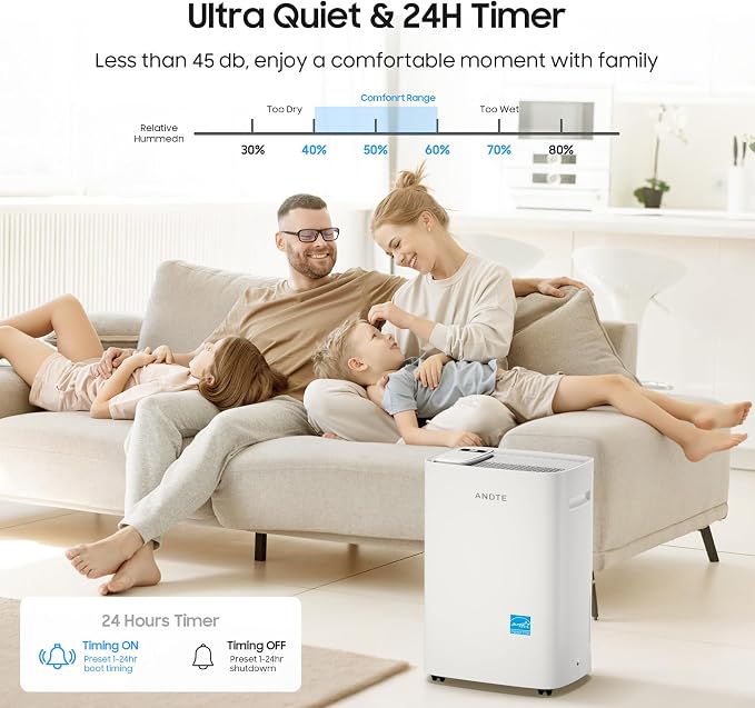 4500 Sq.Ft Energy Star Dehumidifier for Basement with Drain Hose, ANDTE 52 Pints Dehumidifiers for Home Large Room, Bathroom, Intelligent Humidity Control, Touch Control Panel, Auto Defrost