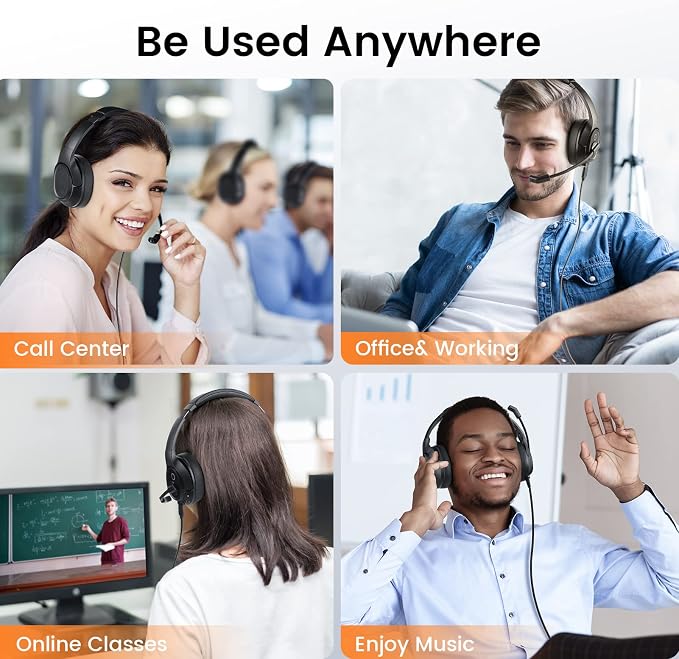 EKSA Headset with Microphone for Laptop, Wired Computer Headset with Volume & Mic Mute Controls, Lightweight PC Headphones for Office Call Center Skype (Over Ear USB Headset with AI ENC)