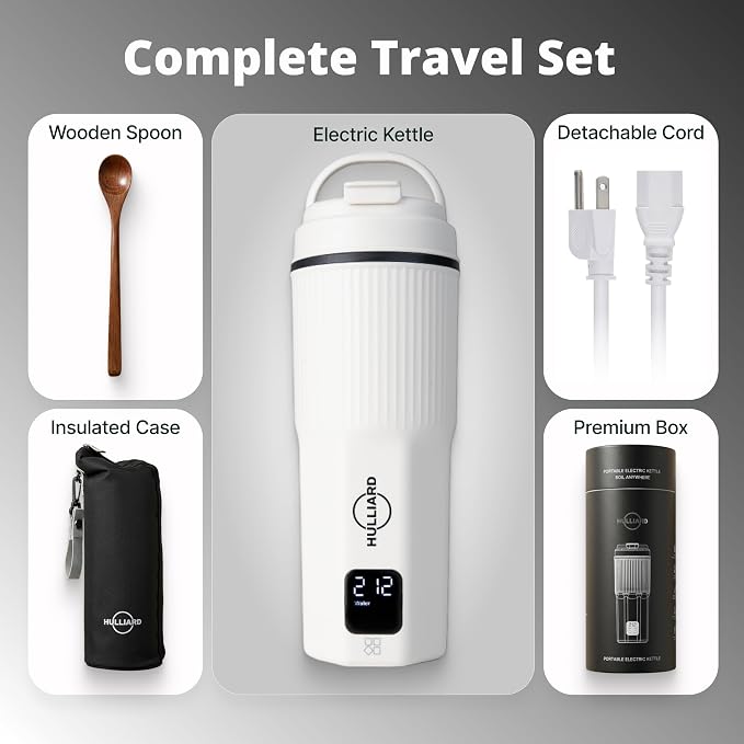 Travel Electric Kettle, 450ml, Dual Voltage, 316 Stainless Steel | 6 temperature presets, 100–240V dual voltage, auto shut-off, 316 stainless steel interior, 450ml capacity