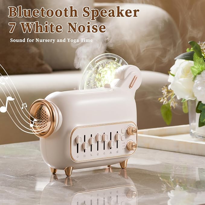6 in 1 Air Humidifiers for Bedroom Baby, 120 ML Essential Oils Diffusers for Home Office, Ultrasonic Cool Mist Humidifier with Bluetooth Speaker, Projector Light, White Noise, Timer (M8-Cream)
