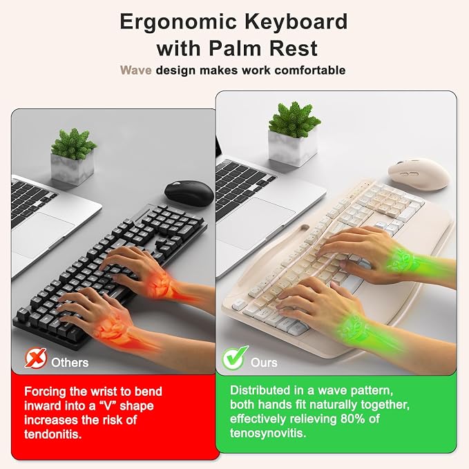 Wireless Keyboard and Mouse Combo, 2.4G Full Size Wave Keys Ergonomic Keyboard with Wrist Rest, Phone Holder, 3-Level DPI Wireless Silent Mouse with 6-Buttons, for Windows (Milk Tea-A)