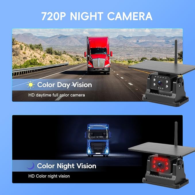 Dual Magnetic Solar Wireless Backup Cameras with 7'' HD 720P Monitor System, 1-Min Install-Free IP69 Waterproof Night Vision Reverse Camera for Trailer/Truck/RV/Camper/Tractor