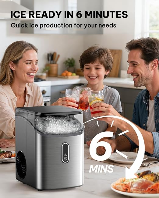 Silonn Nugget Ice Maker Countertop, Pebble Ice Maker with Soft Chewable Ice, One-Click Operation Ice Machine with Self-Cleaning, 33lbs/24H, Stainless Steel