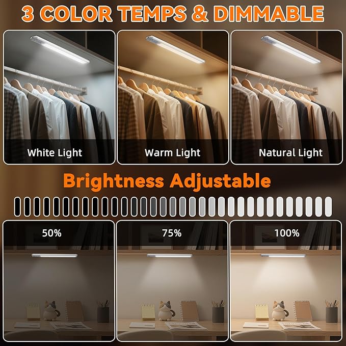 Under Cabinet Lighting Wireless, Rechargeable 10inch Motion Sensor Light Indoor, 3 Color Closet Light Battery Operated with LED Power Display, Magnetic Under Counter Lights for Kitchen, Home (6Pack)