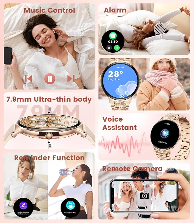 LIGE Ultra-Thin Smart Watch for Women,1.43" Always-on Display Smart Watch with Bluetooth Call,Health Tracker 100+ Sports Modes, Mutifuction Women Smartwatch for Android iOS 2 Straps(Gold)