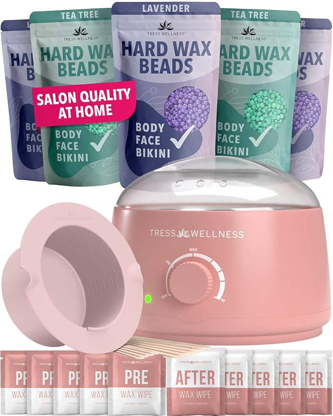 Tress Wellness Waxing Kit for Sensitive Skin – Safe for Face & Skin, Easy to Use – At-Home Kit for Face, Bikini, Brazilian & Full Body - Pink, No Display